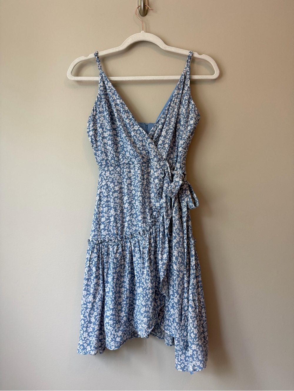 NWT Altar’d State Blue Floral Wrap Mini Dress Sz S Ditsy Tiered Ruffle NWT